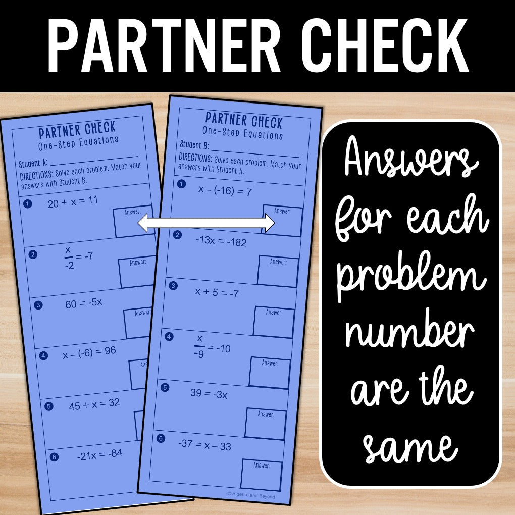 One-Step Equations | With Negatives | Self-Check Activities