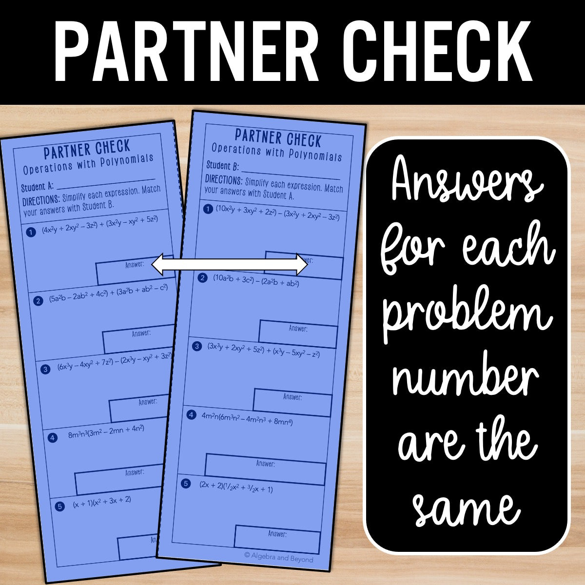 Operations with Polynomials Review Activity – Partner Practice Worksheets