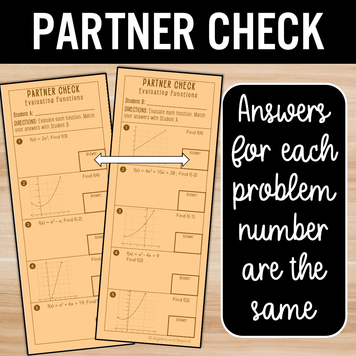 Evaluating Functions Review Activity – Partner Self-Check Practice Worksheets