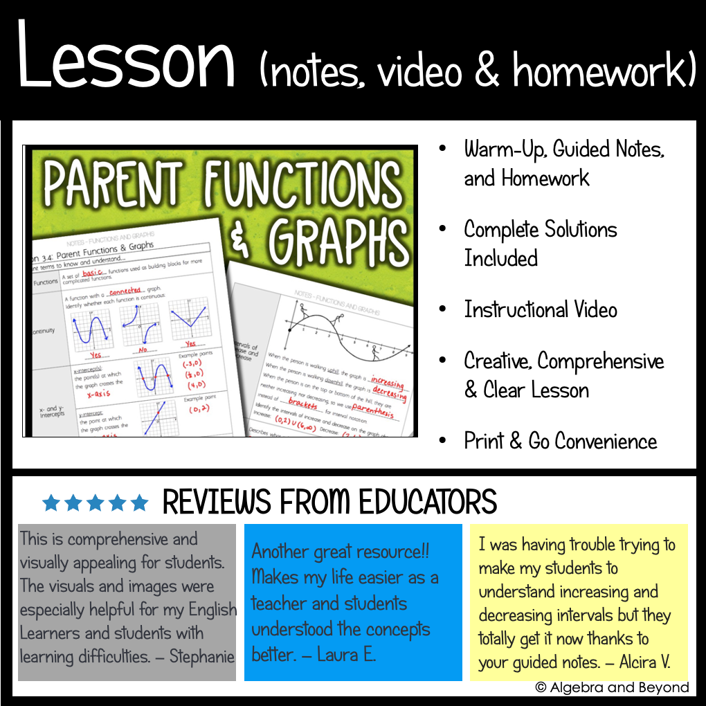 Parent Functions and Graphs Activities, Graphic Organizers, Review Worksheets