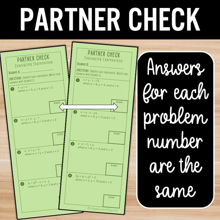 Evaluating Algebraic Expressions Activity – Self-Check Practice Worksheets