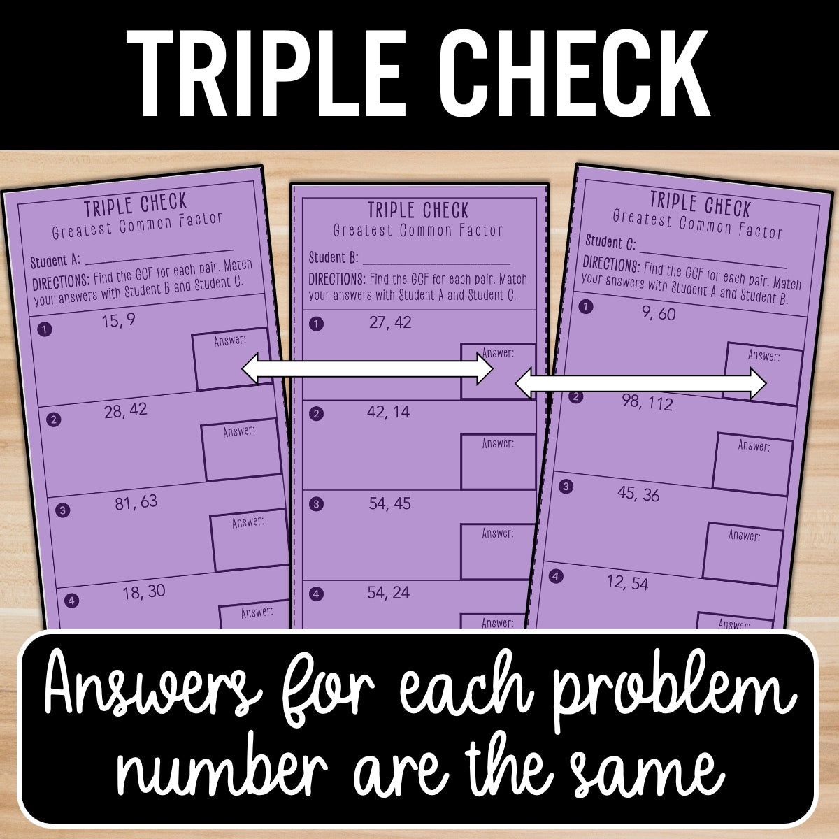 Greatest Common Factor (GCF) Review Practice Activity - Partner Worksheets