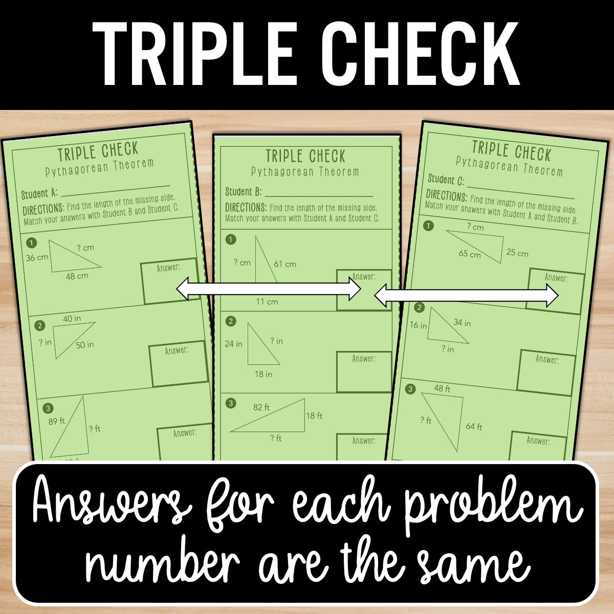 Pythagorean Theorem Review Activity – Self-Check Practice Worksheets