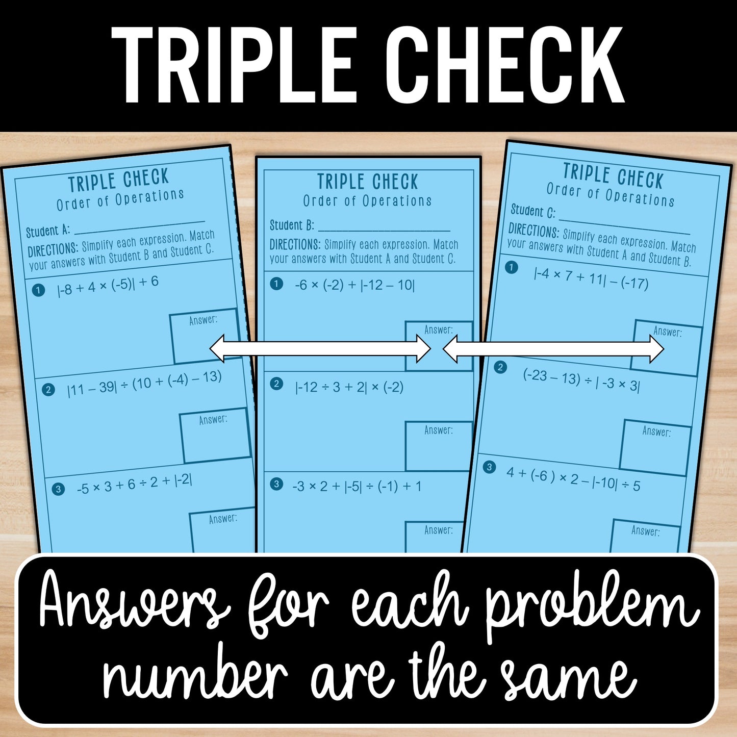 Order of Operations Worksheet | Positive and Negative Integers | Absolute Value