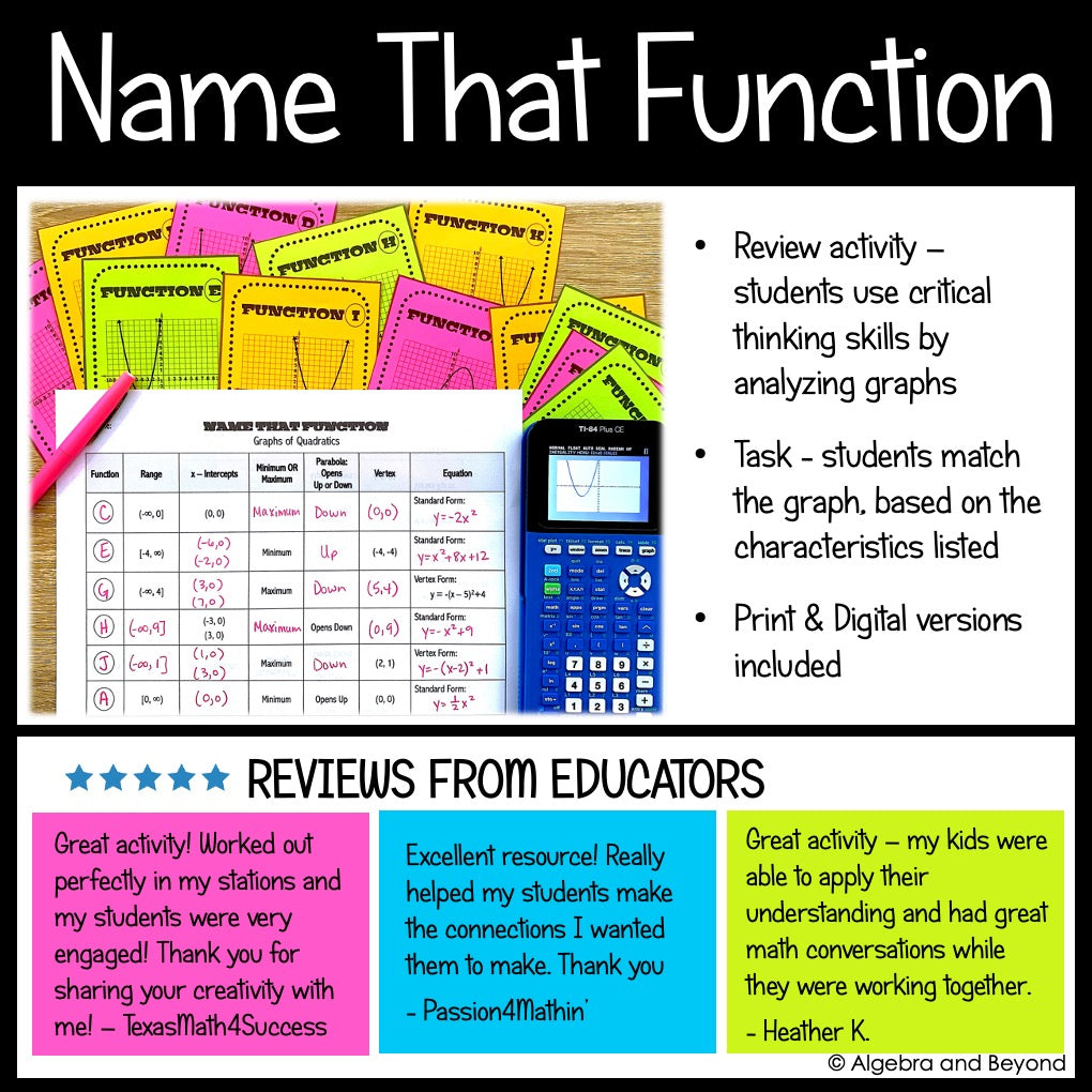 Quadratic Functions Review Activities Mini-Bundle : Graphing & Factoring