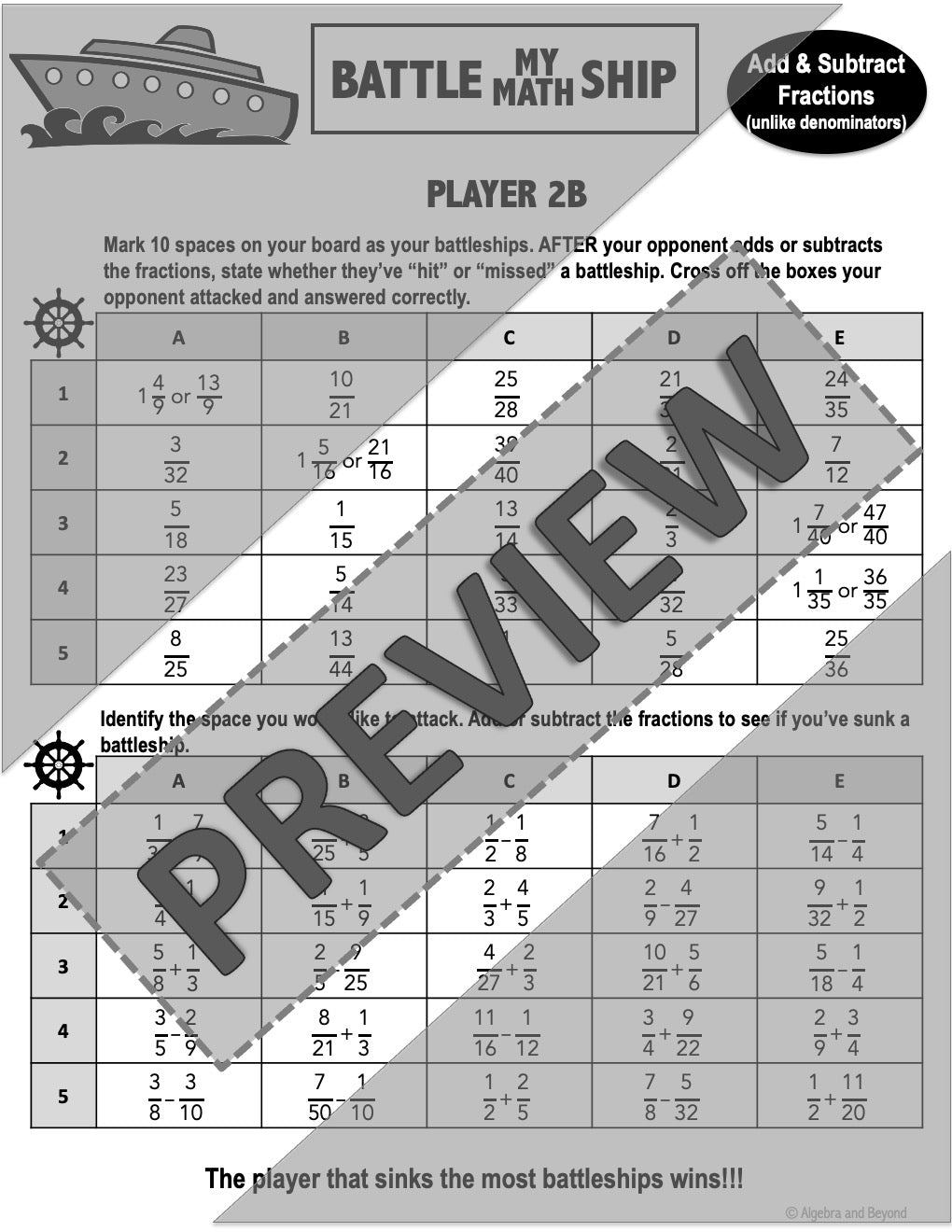 Add & Subtract with Unlike Denominators Math Activity - Game Worksheets