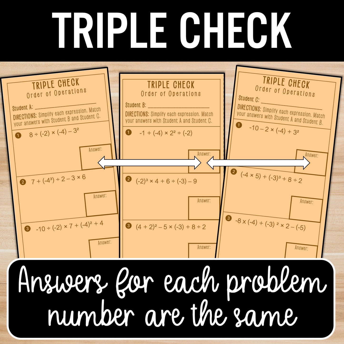 Order of Operations | Positive and Negative Integers | Exponents | Worksheet