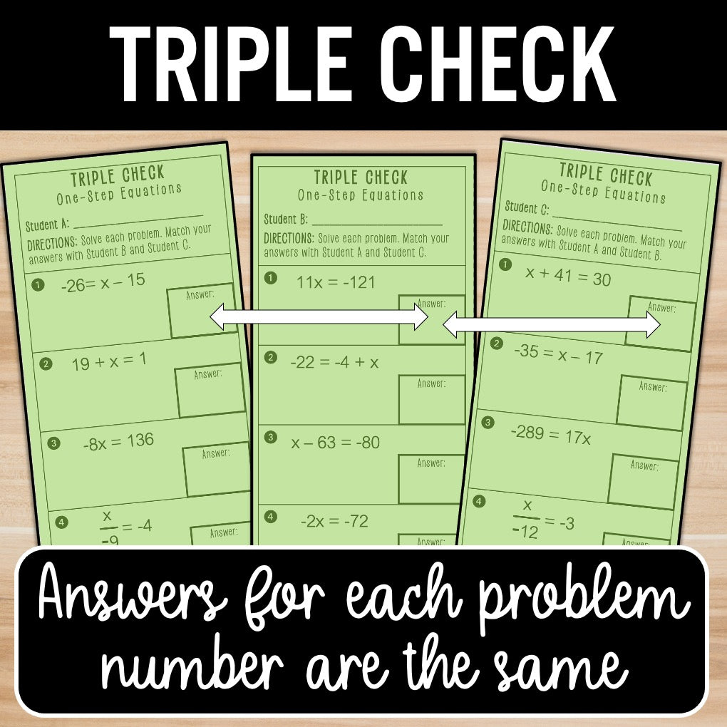 One-Step Equations | With Negatives | Self-Check Activities