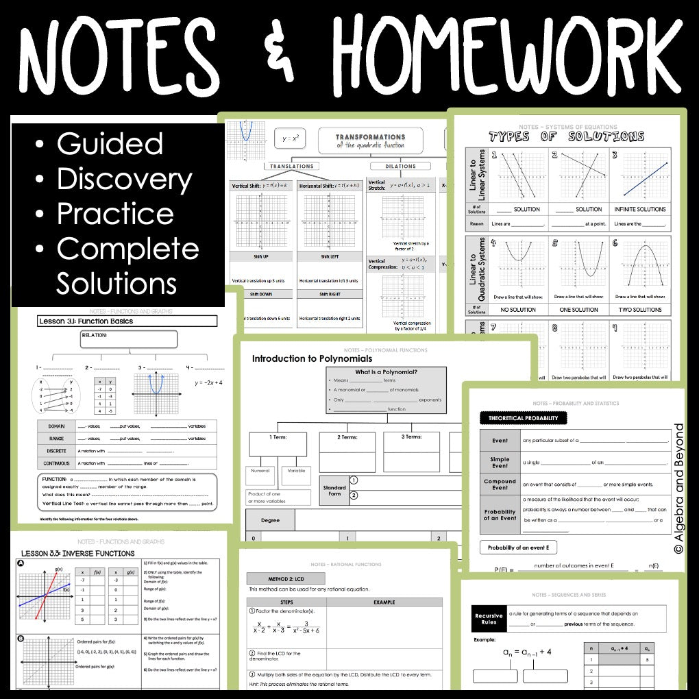 Algebra 2 Year Long Curriculum Bundle: Learning Targets, Outlines, Lessons, Warm-Ups, Guided Notes, Instructional Videos, Homework, and Assessments