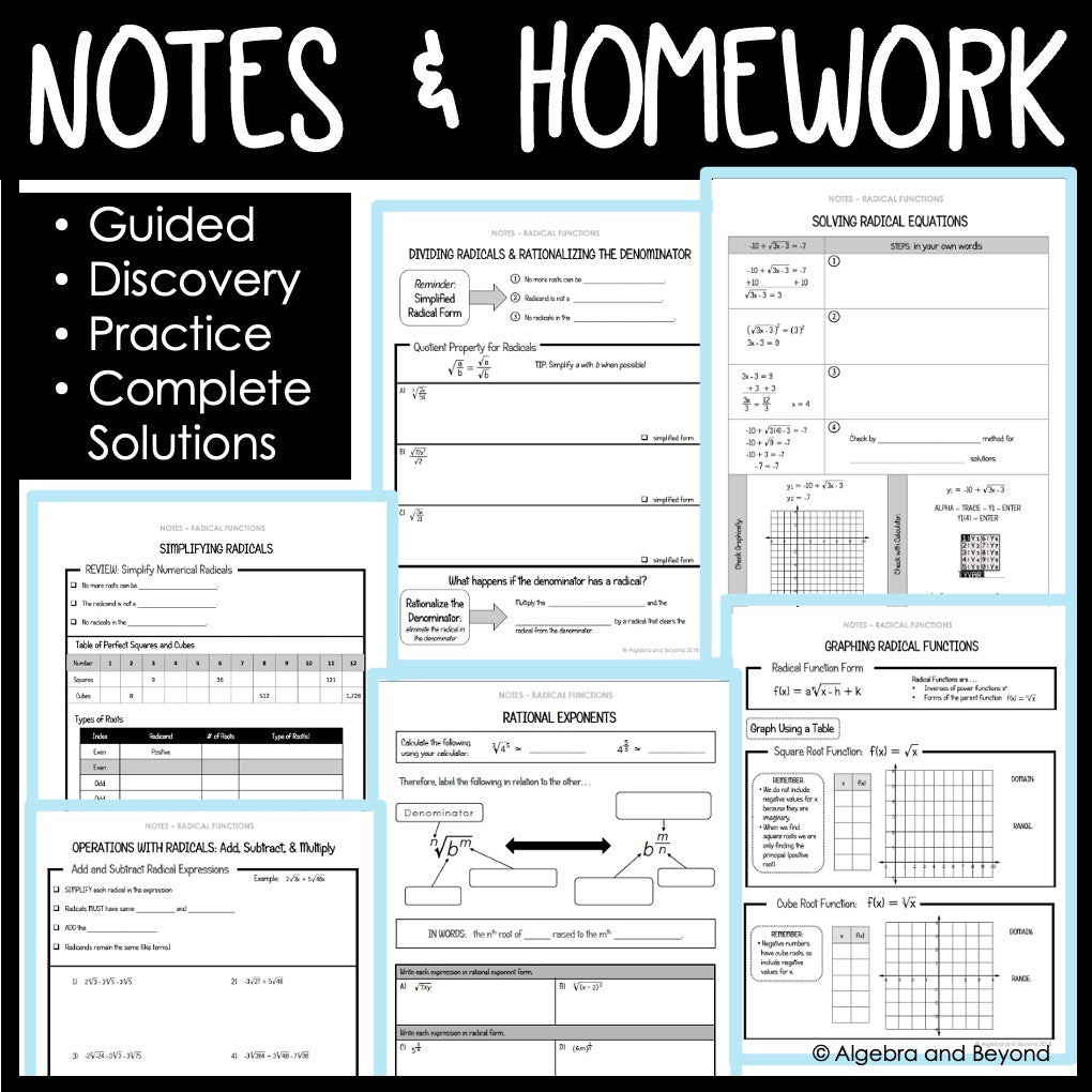 Radical Functions Unit Bundle | Algebra 2 | Guided Notes | Homework | Assessments