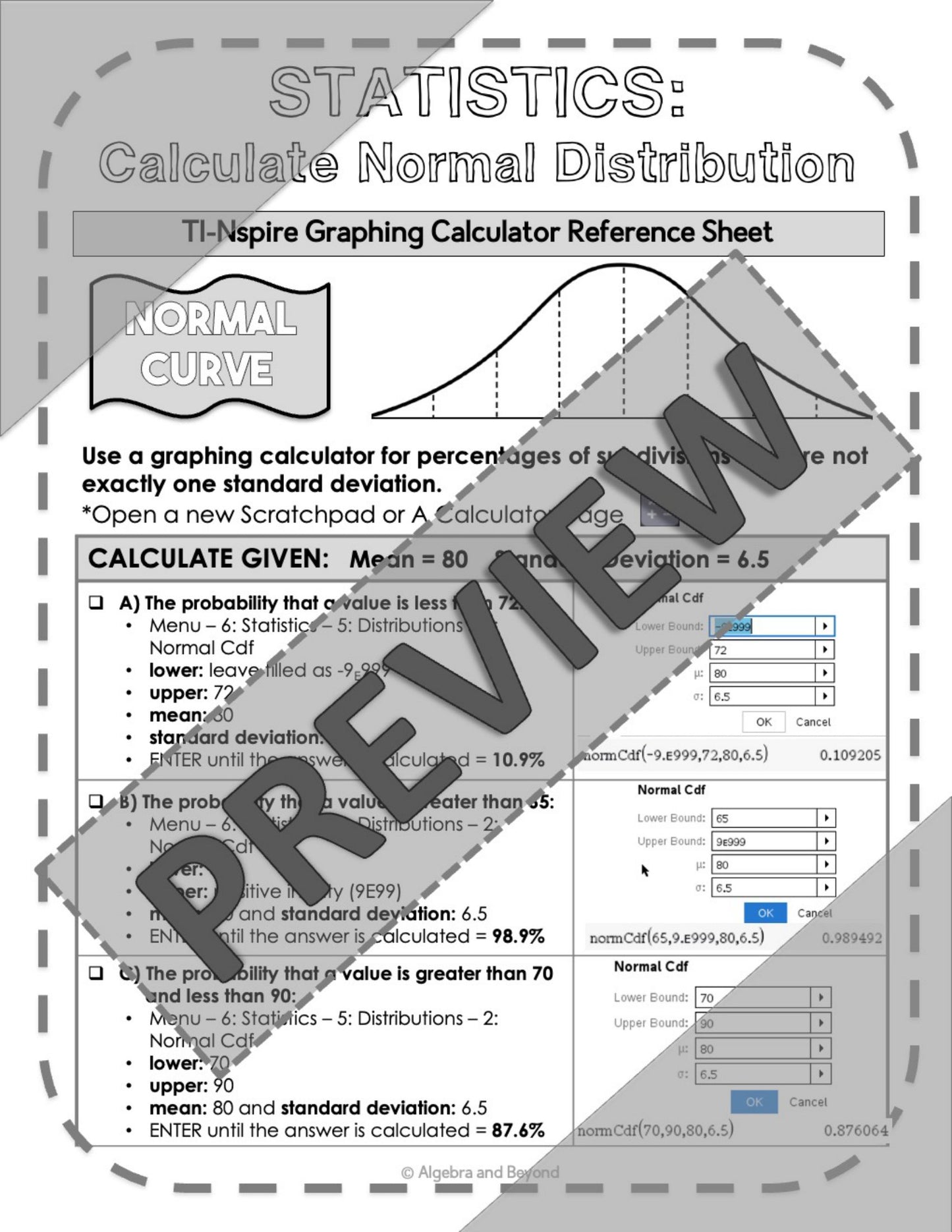 Normal Distribution | Statistics | TI-Nspire Graphing Calculator Reference Sheet