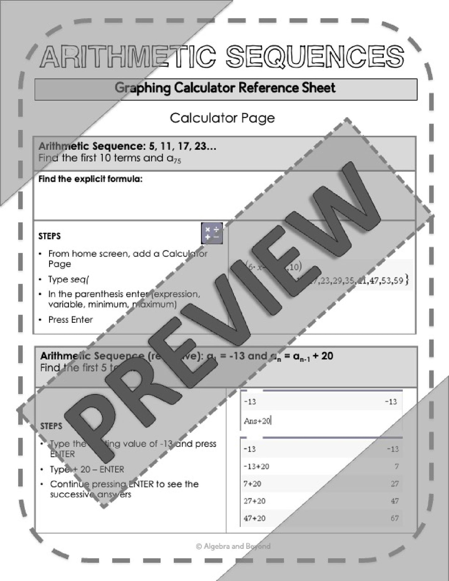 Sequences and Series | TI-Nspire Graphing Calculator Reference Sheet