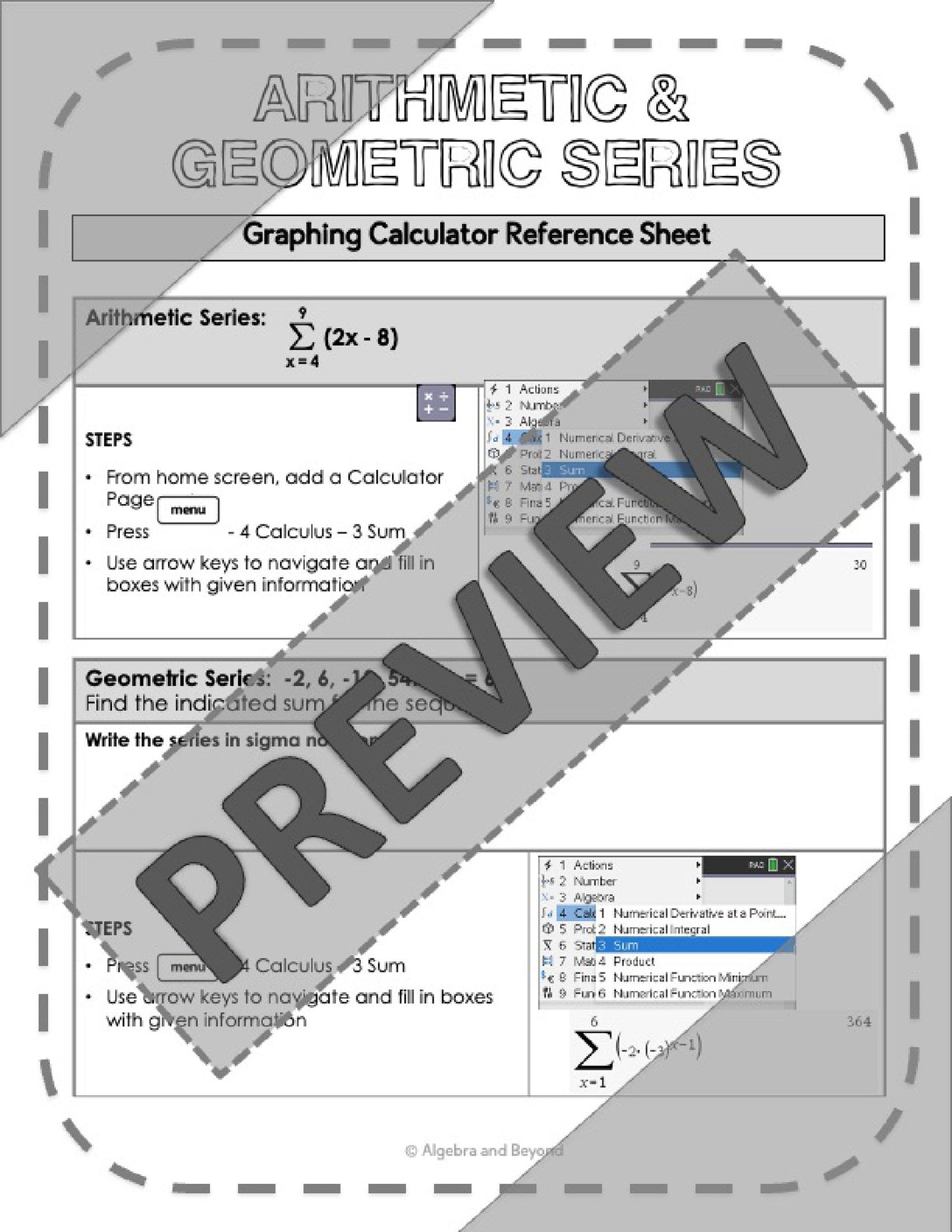 Sequences and Series | TI-Nspire Graphing Calculator Reference Sheet