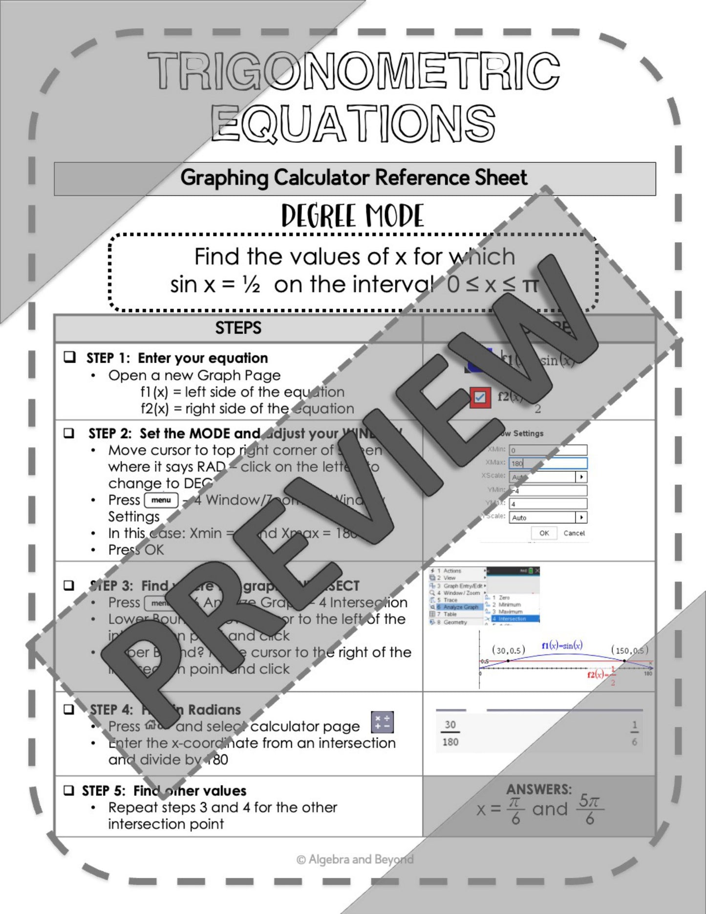 Solve Trigonometric Equations | TI-Nspire Graphing Calculator Reference Sheet