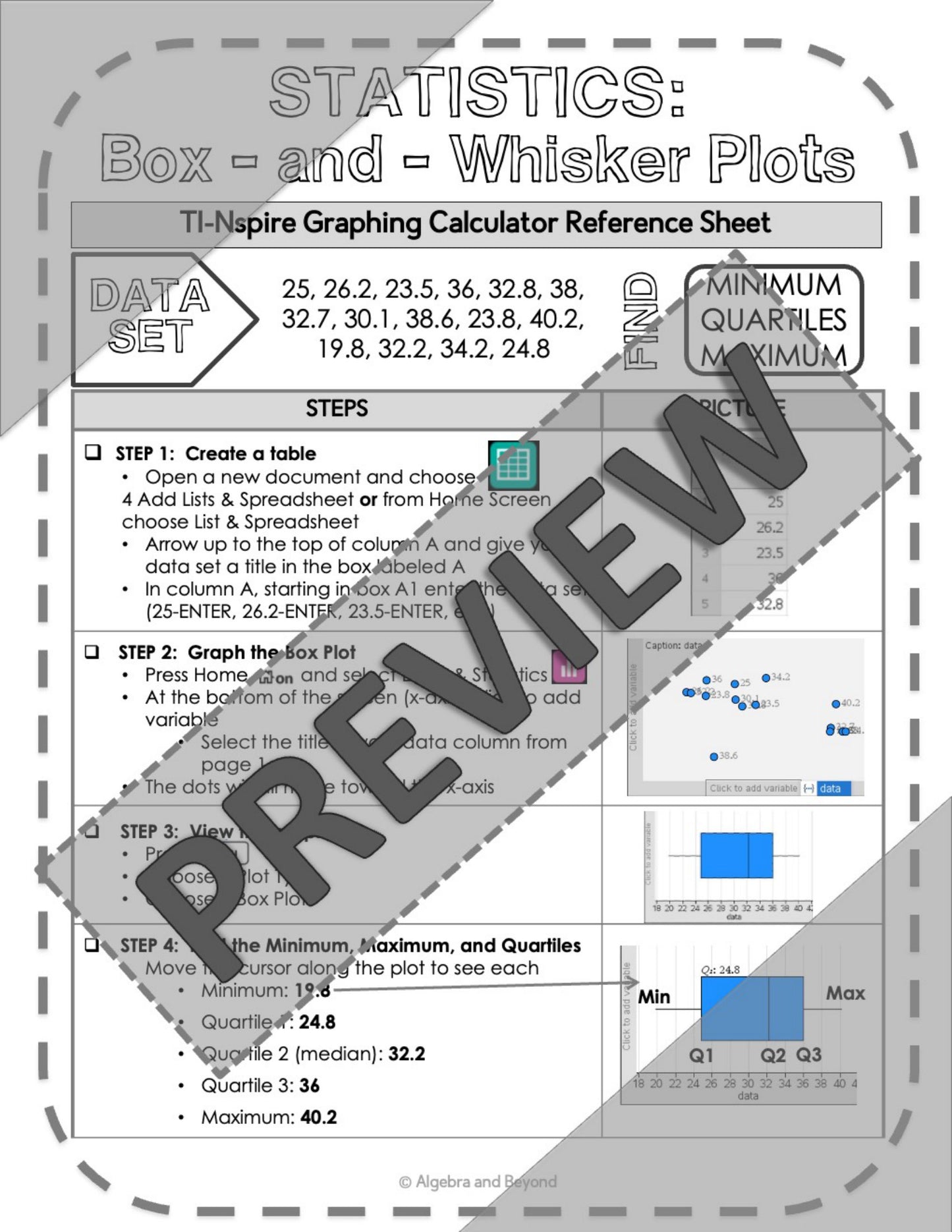 Statistics | Box-and-Whisker Plots | TI-Nspire Calculator Reference Sheet