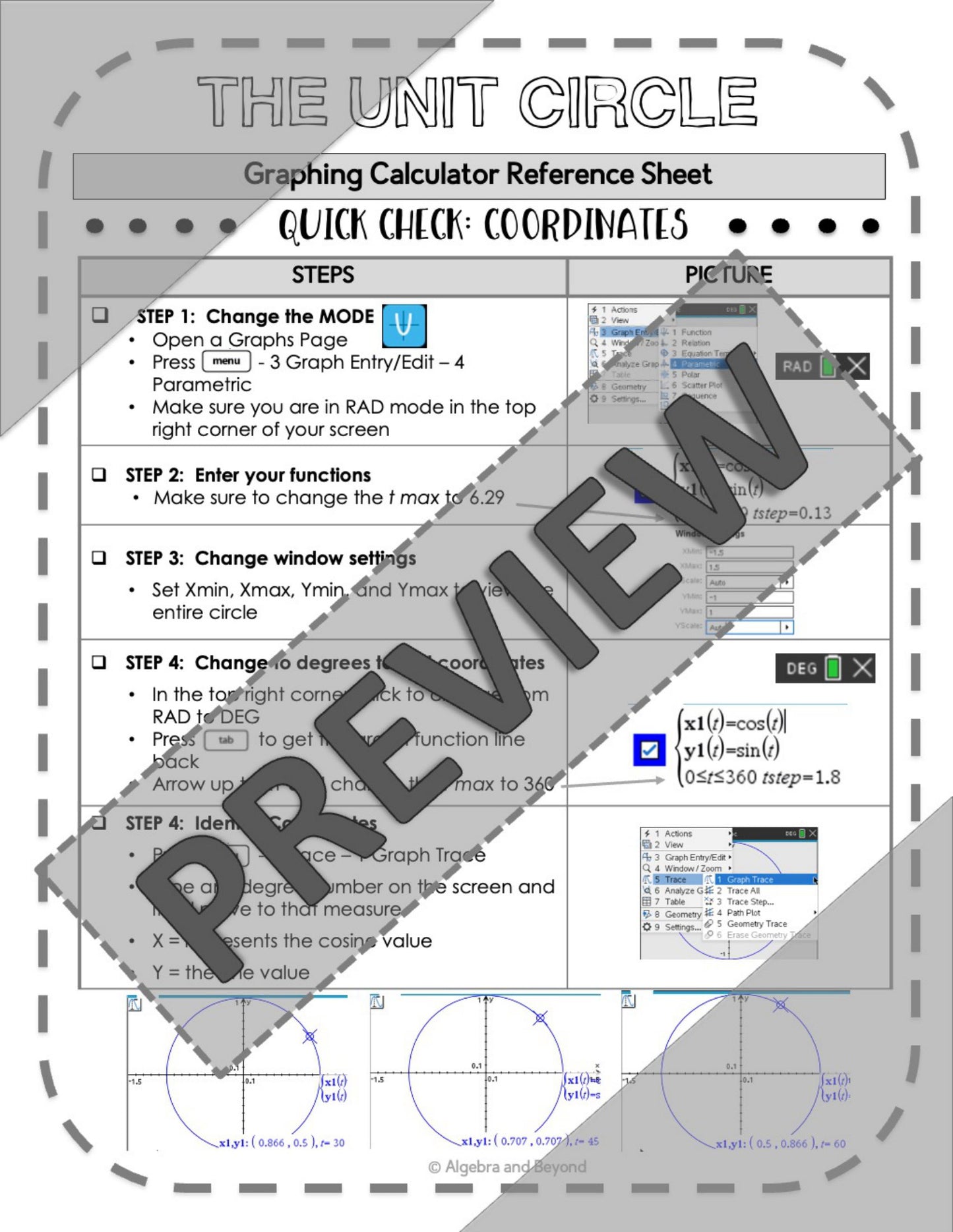 The Unit Circle - Coordinates | TI-Nspire Graphing Calculator Reference Sheet