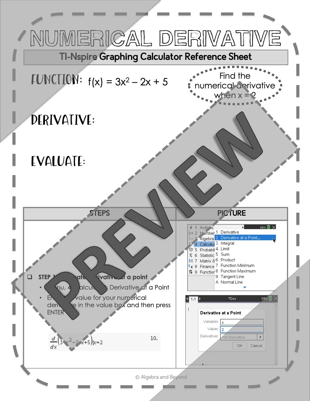 Numerical Derivative | TI-Nspire Graphing Calculator Reference Sheet