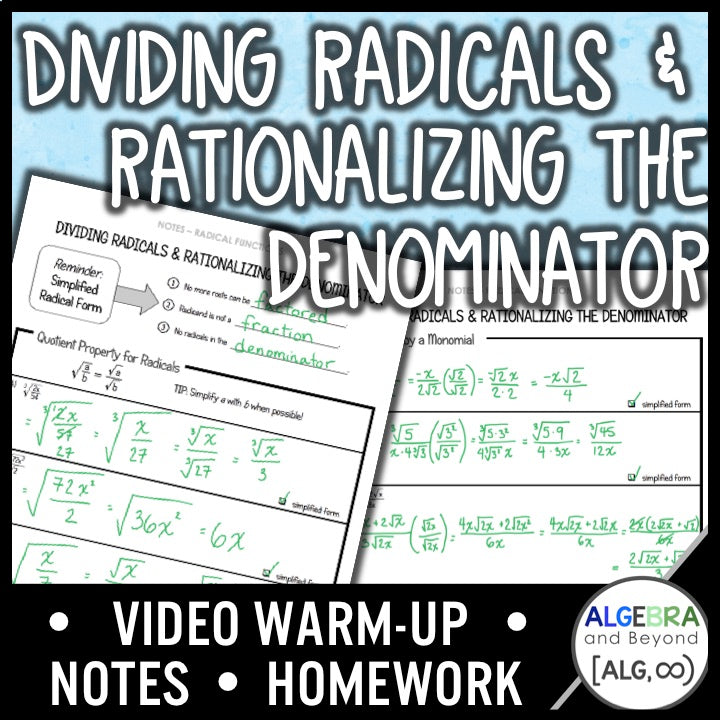 Divide Radicals & Rationalize Denominator Lesson | Warm-Up | Notes | Homework