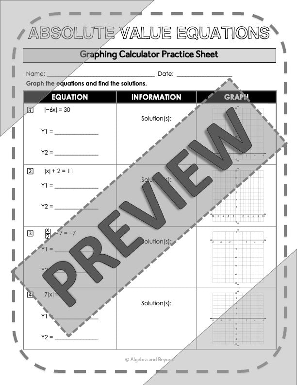 Graphing Absolute Value Equations and Inequalities | TI-84 Reference Sheets