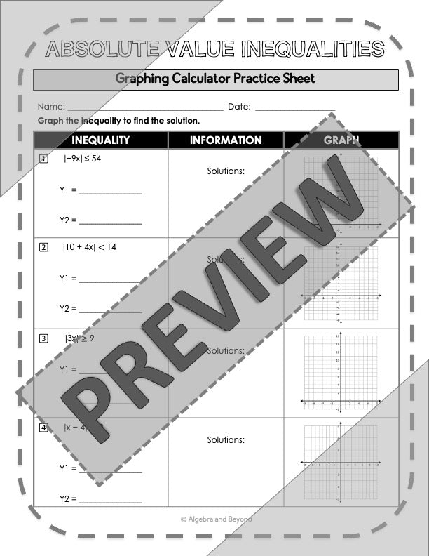 Graphing Absolute Value Equations and Inequalities | TI-84 Reference Sheets