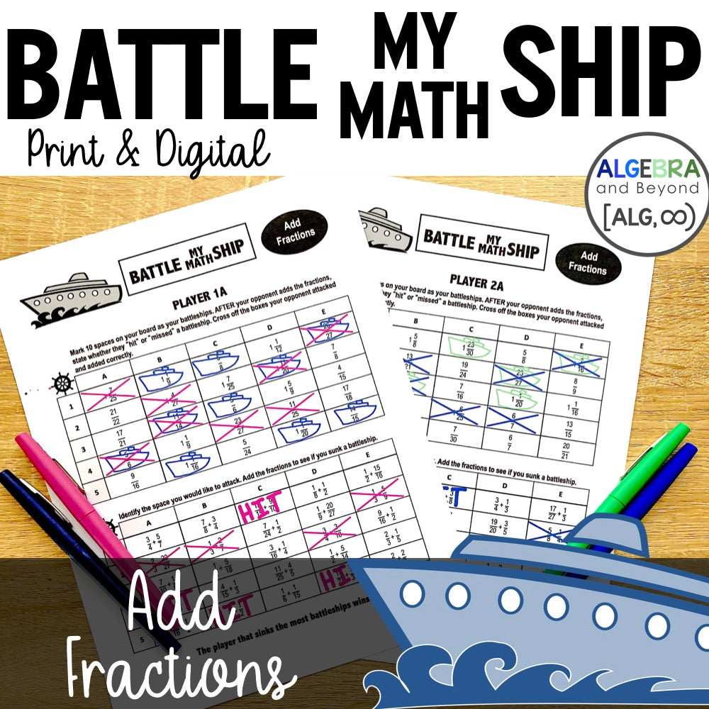 Add Fractions Activity | Battle My Math Ship Game | Print and Digital