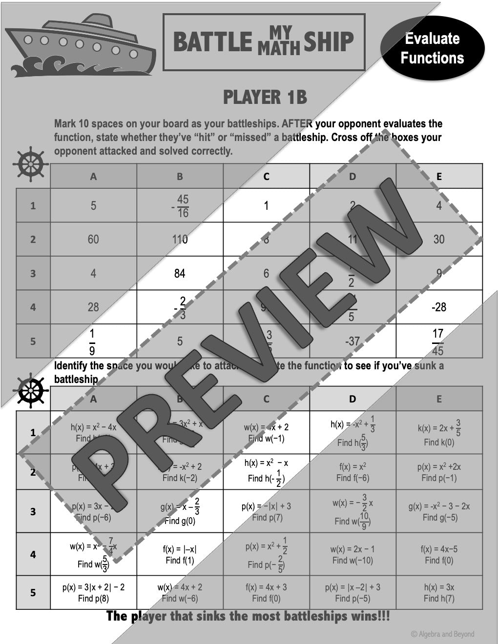 Evaluate Functions Activity | Battle My Math Ship Game | Print and Digital