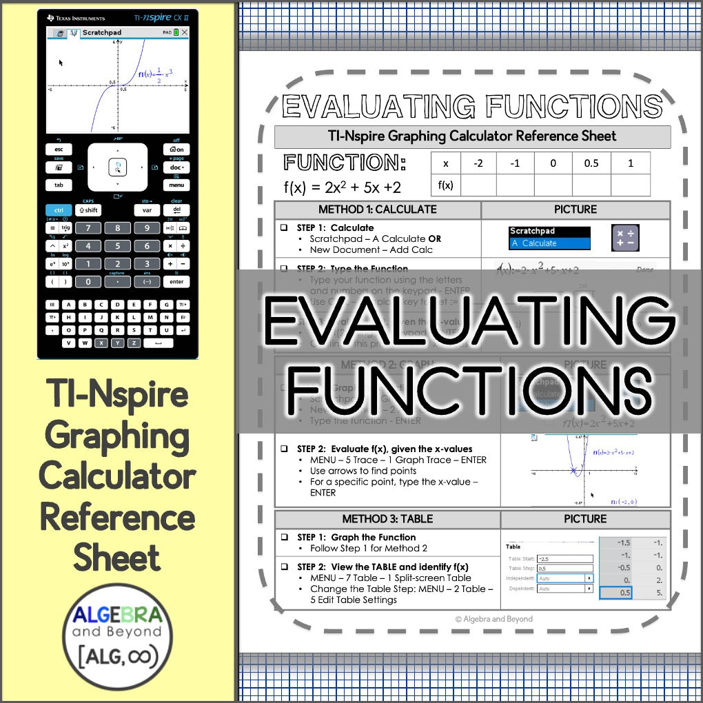 Evaluating Functions TINspire Calculator Reference Sheets Algebra