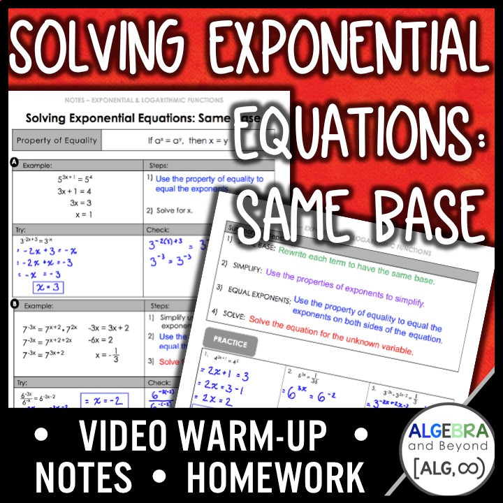 Solve Exponential Equations: Same Base Lesson | Warm-Up | Notes | Homework