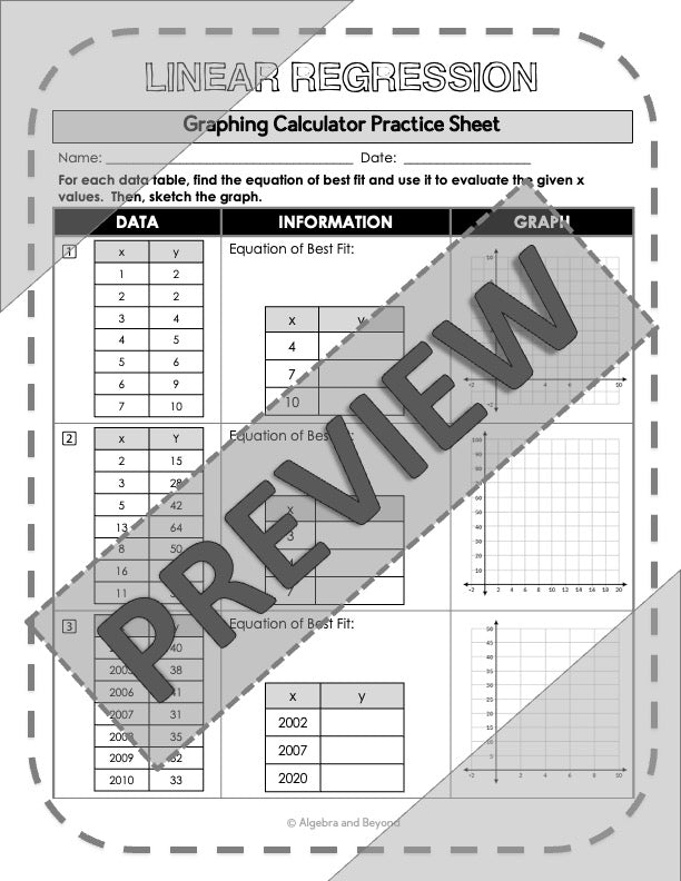 Linear Regression | TI-84 Graphing Calculator Reference Sheet and Practice