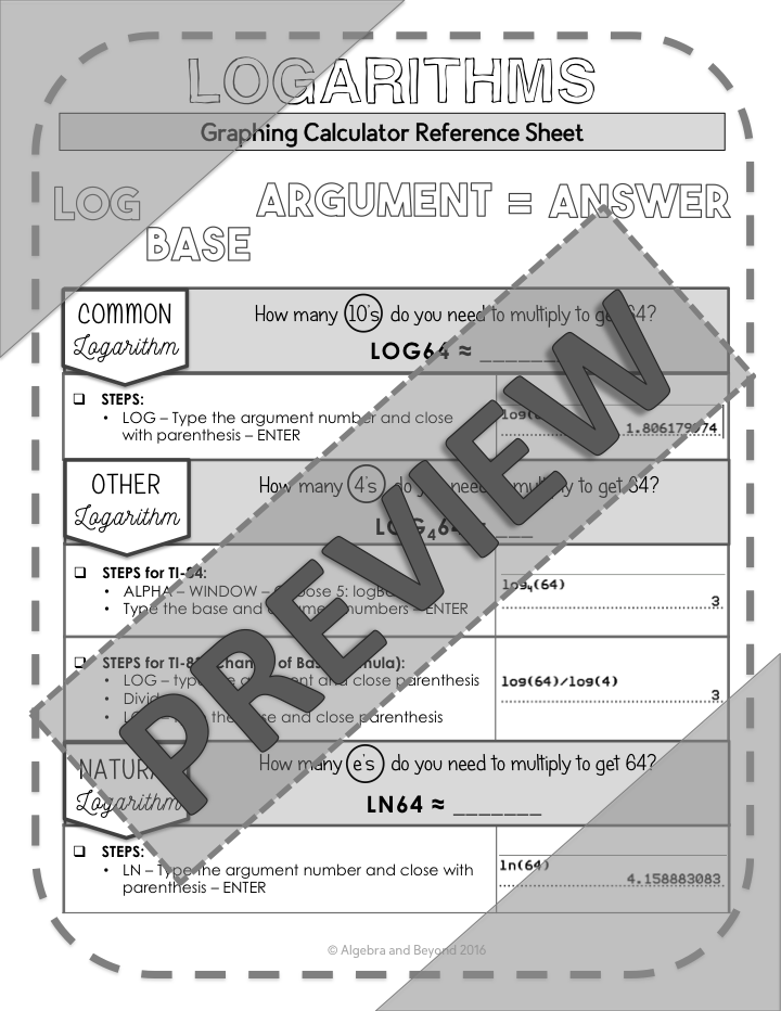 Logarithms | TI-84 Graphing Calculator Reference Sheet
