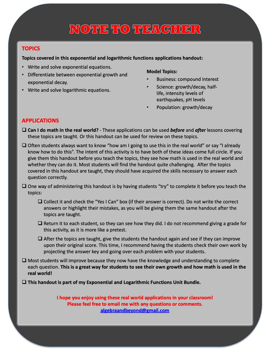 Exponential and Logarithmic Functions - Real World Applications