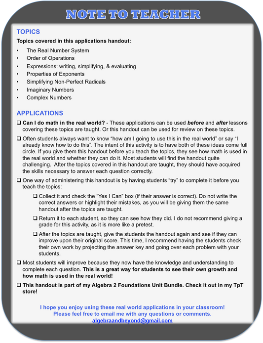 Numbers and Expressions - Real World Applications