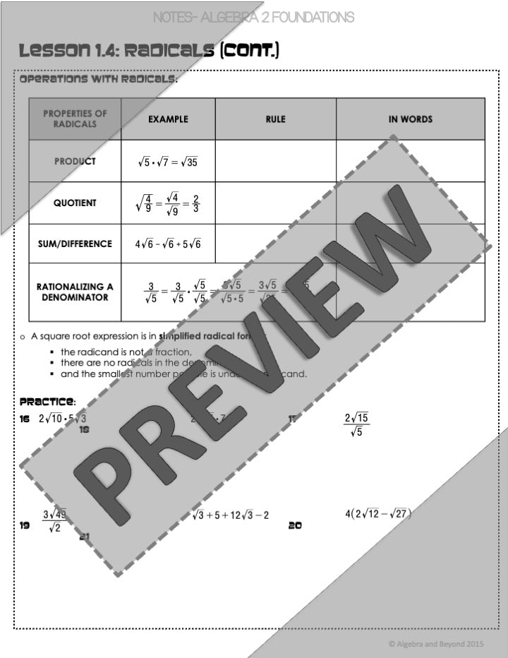 Radicals: Simplifying and Operations Lesson | Warm-Up | Guided Notes | Homework