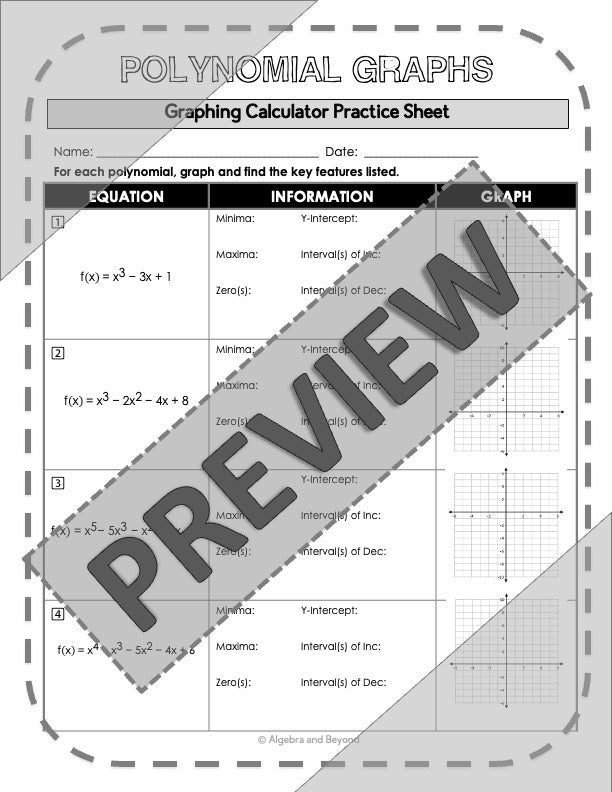 Graphing Polynomial Graphs | TI-84 Calculator Reference Sheet and Practice