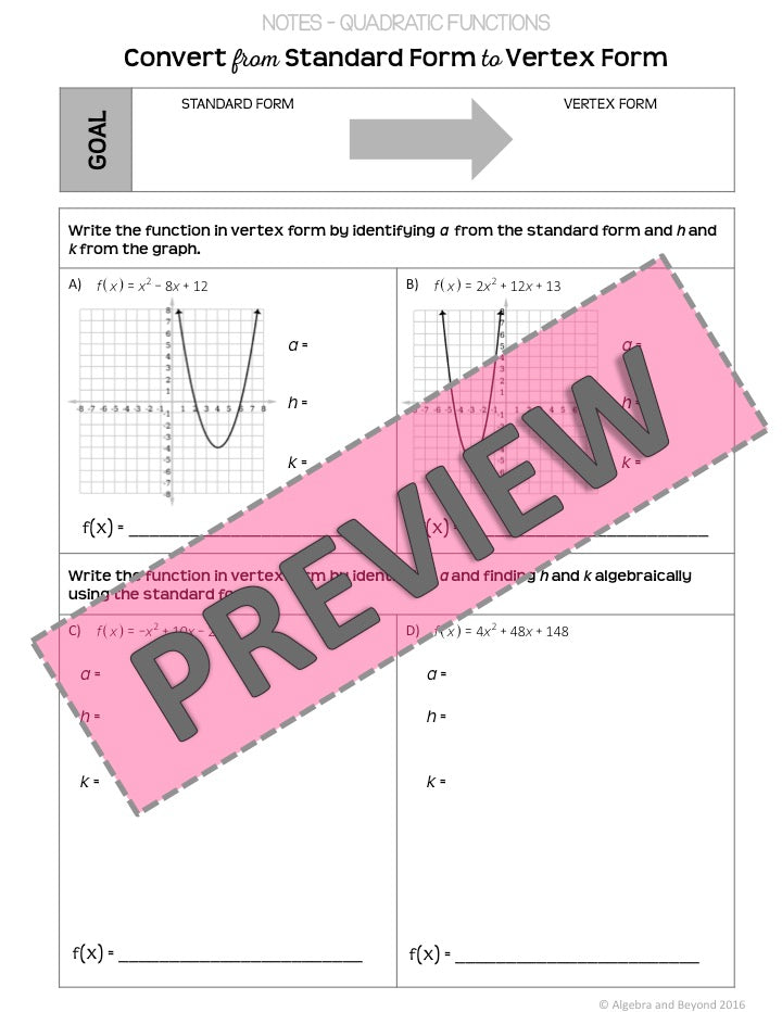 Quadratic Functions: Convert Standard to Vertex Lesson | Warm-Up | Guided Notes