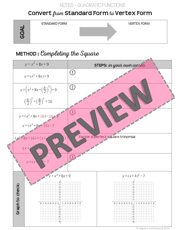 Quadratic Functions: Convert Standard to Vertex Lesson | Warm-Up | Guided Notes