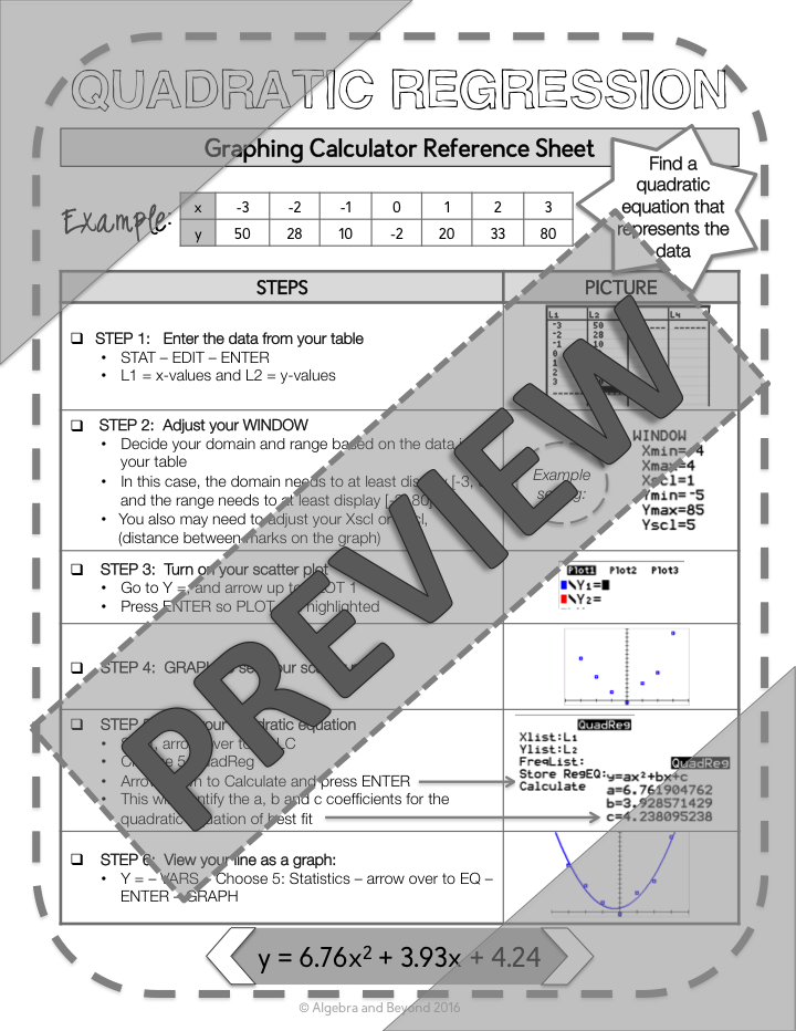 Quadratic Regression | TI-84 Graphing Calculator Reference Sheet and Practice