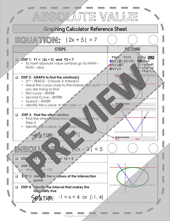 Graphing Absolute Value Equations and Inequalities | TI-84 Reference Sheets