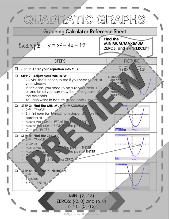 Graphing Quadratic Equations | TI-84 Calculator Reference Sheet and Practice