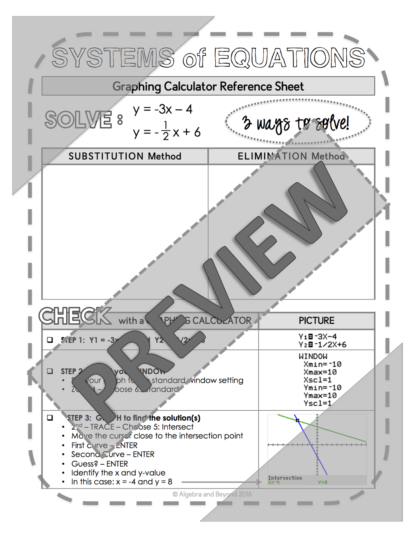 Graphing Systems of Equations | TI-84 Calculator Reference Sheet and Practice