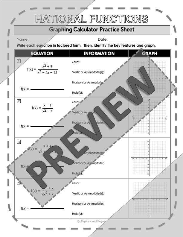 Graphing Rational Functions | TI-84 Calculator Reference Sheet and Practice