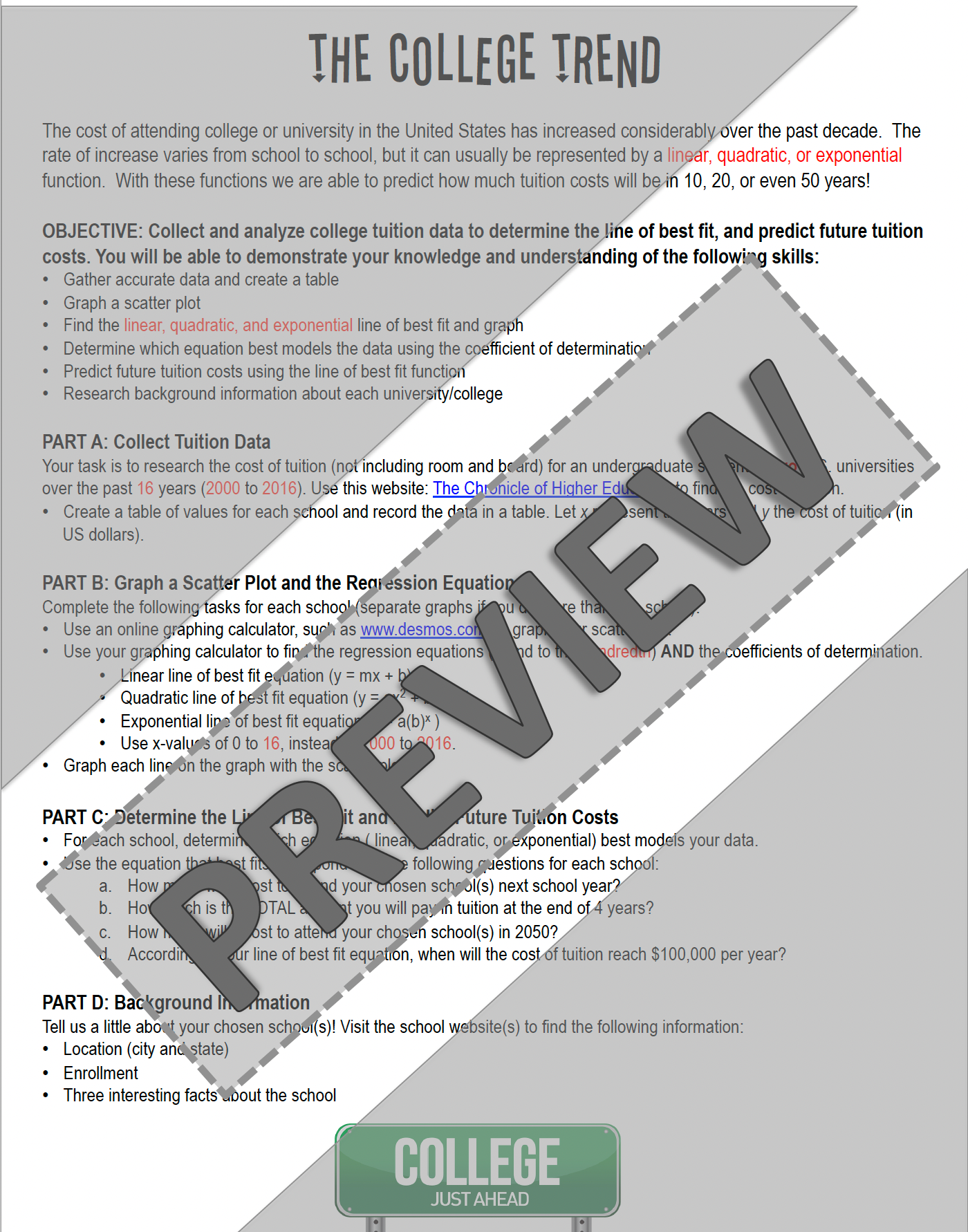 Linear, Exponential, & Quadratic Regression | Real World Project Based Learning