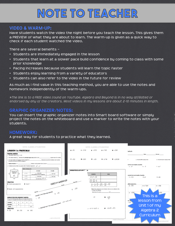Radicals: Simplifying and Operations Lesson | Warm-Up | Guided Notes | Homework