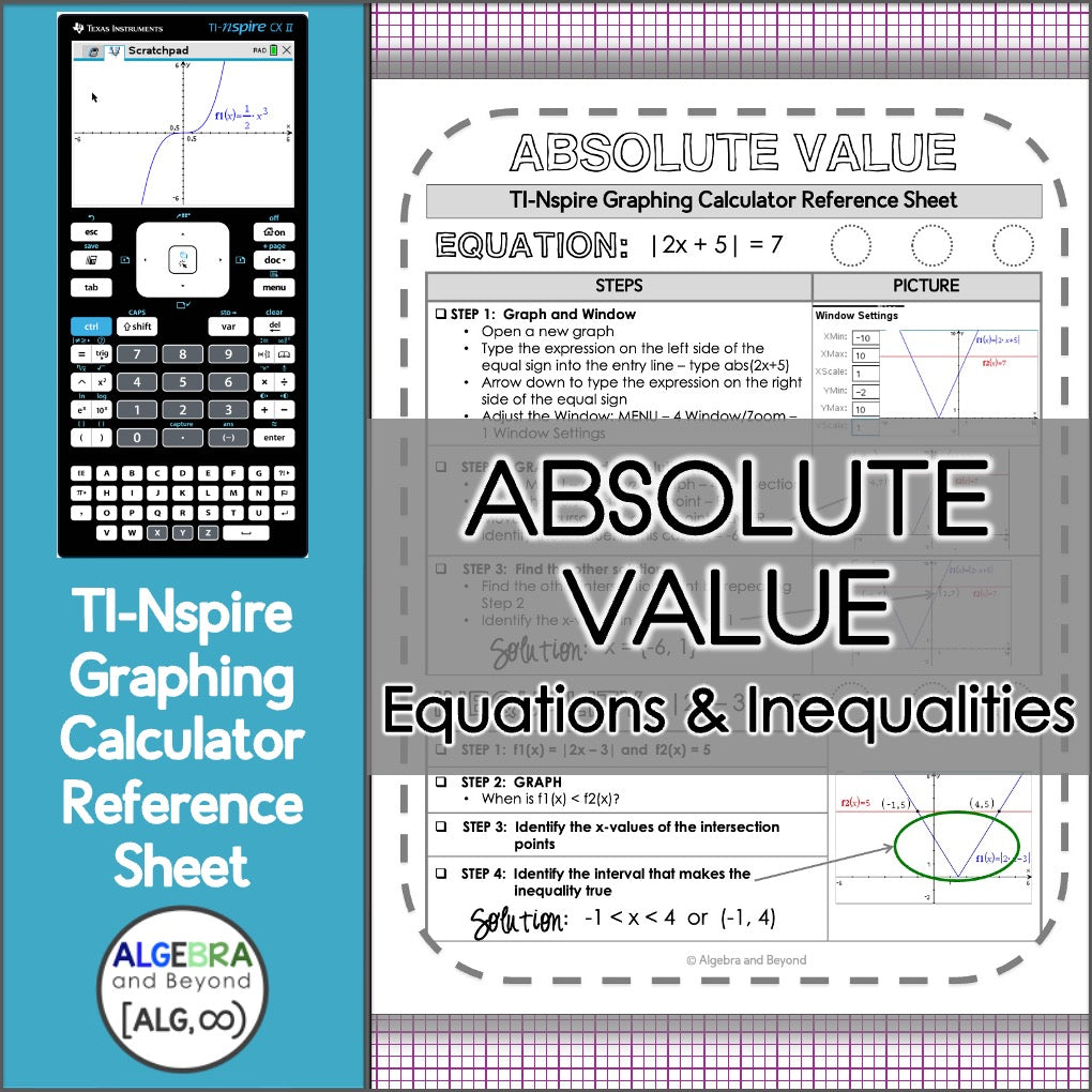 Absolute Value Equations and Inequalities | TI-Nspire Calculator Reference Sheet