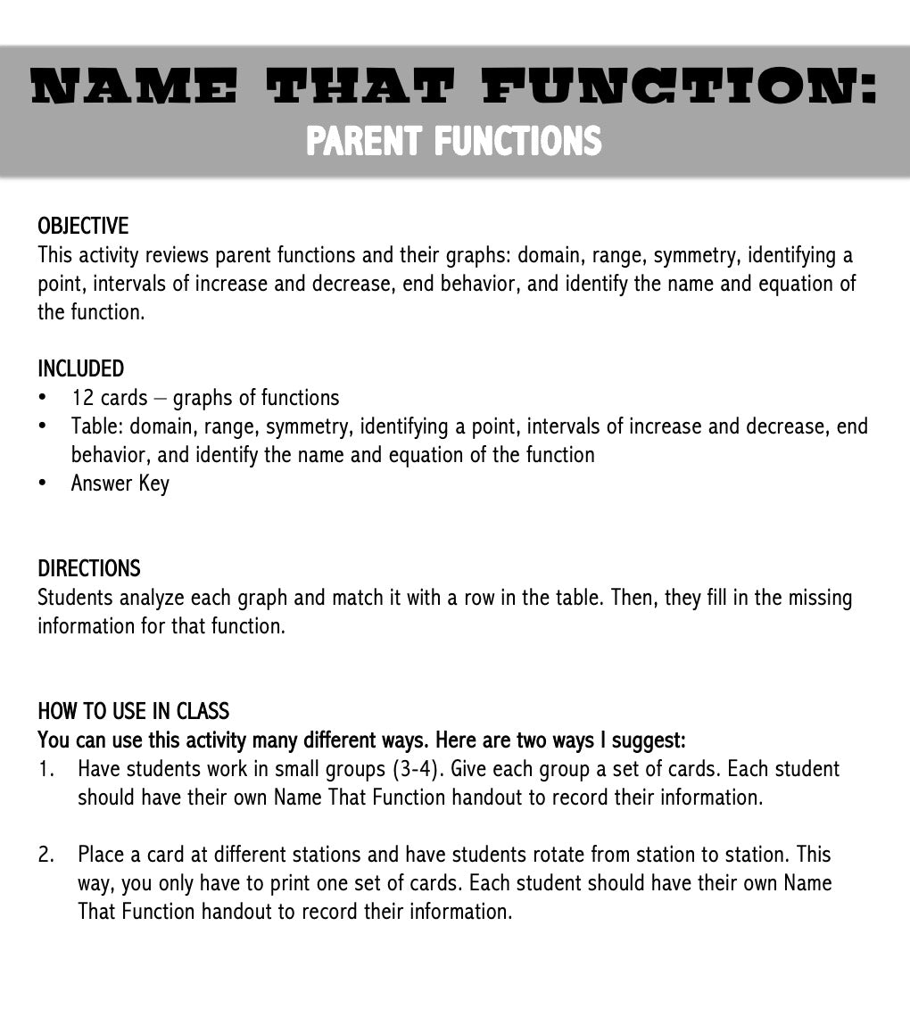 Parent Functions | Name That Function | Matching Activity | Print and Digital