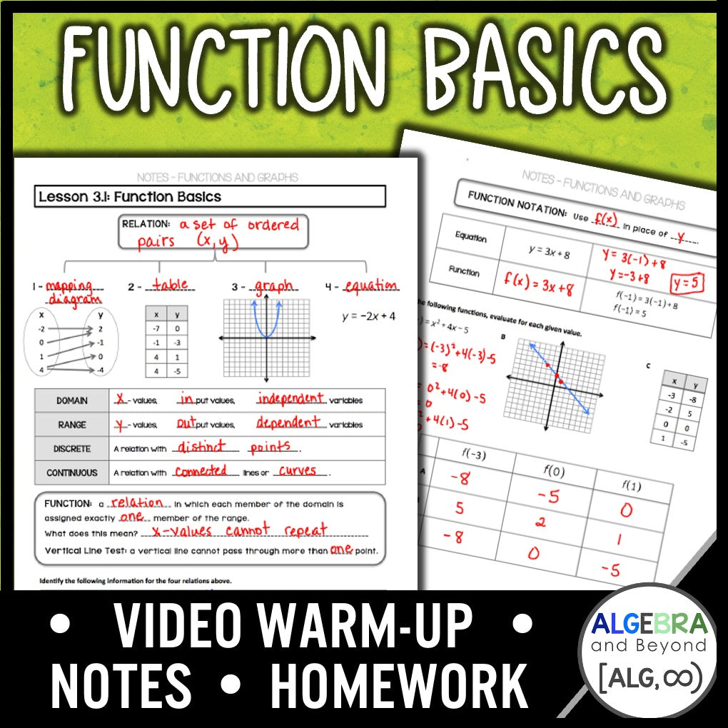 Function Basics Lesson | Warm-Up | Guided Notes | Homework – Algebra ...