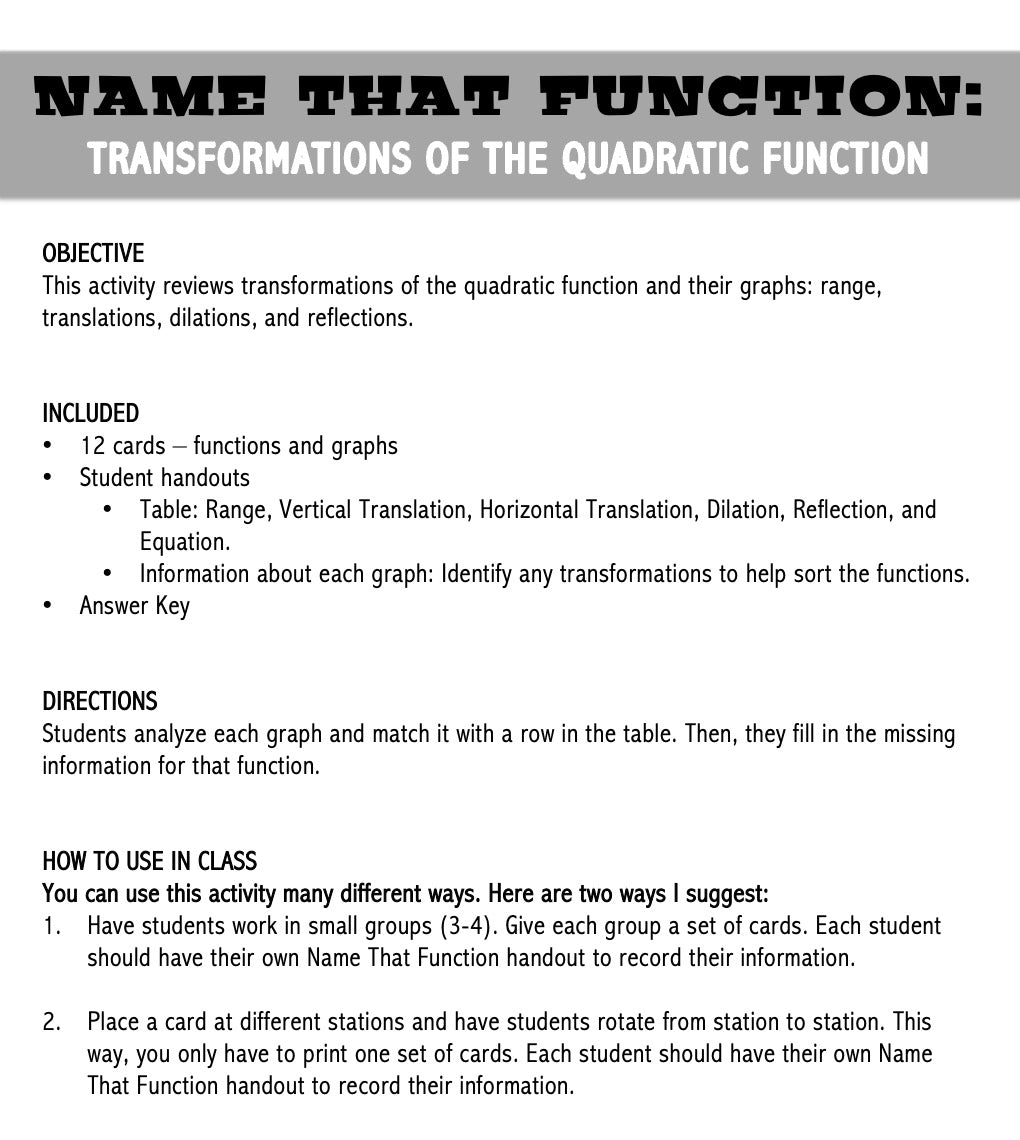 Transformations of Quadratic Functions in Vertex Form | Name That Function | Matching Activity | Print and Digital