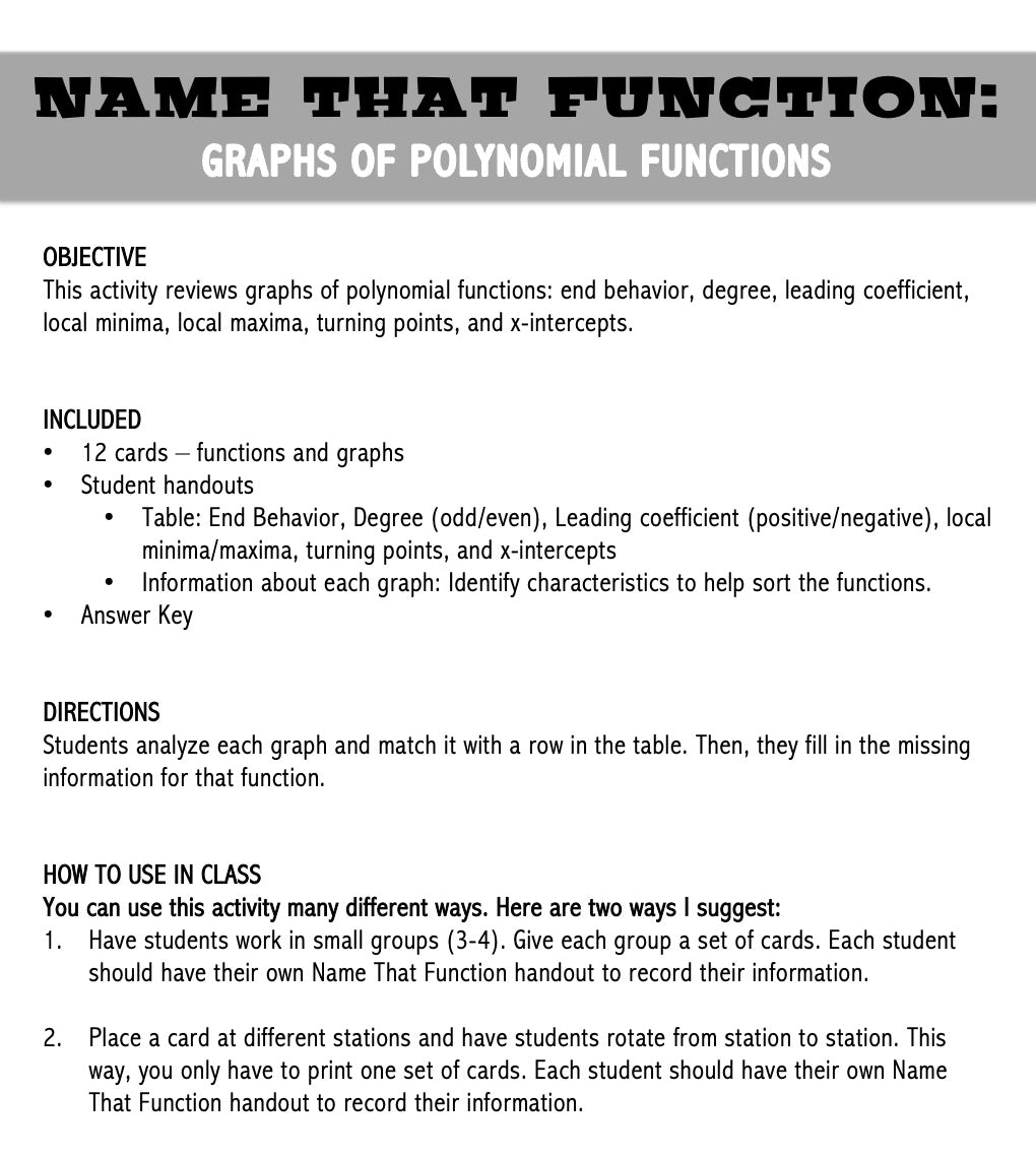 Polynomial Functions | Name That Function | Matching Activity | Print and Digital