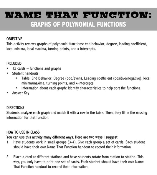 Polynomial Functions | Name That Function | Matching Activity | Print and Digital