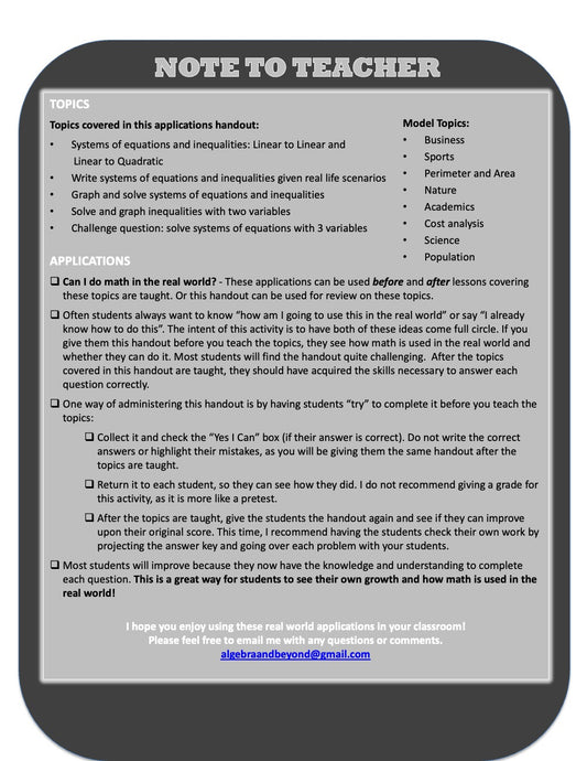 Systems of Equations and Inequalities - Real World Applications